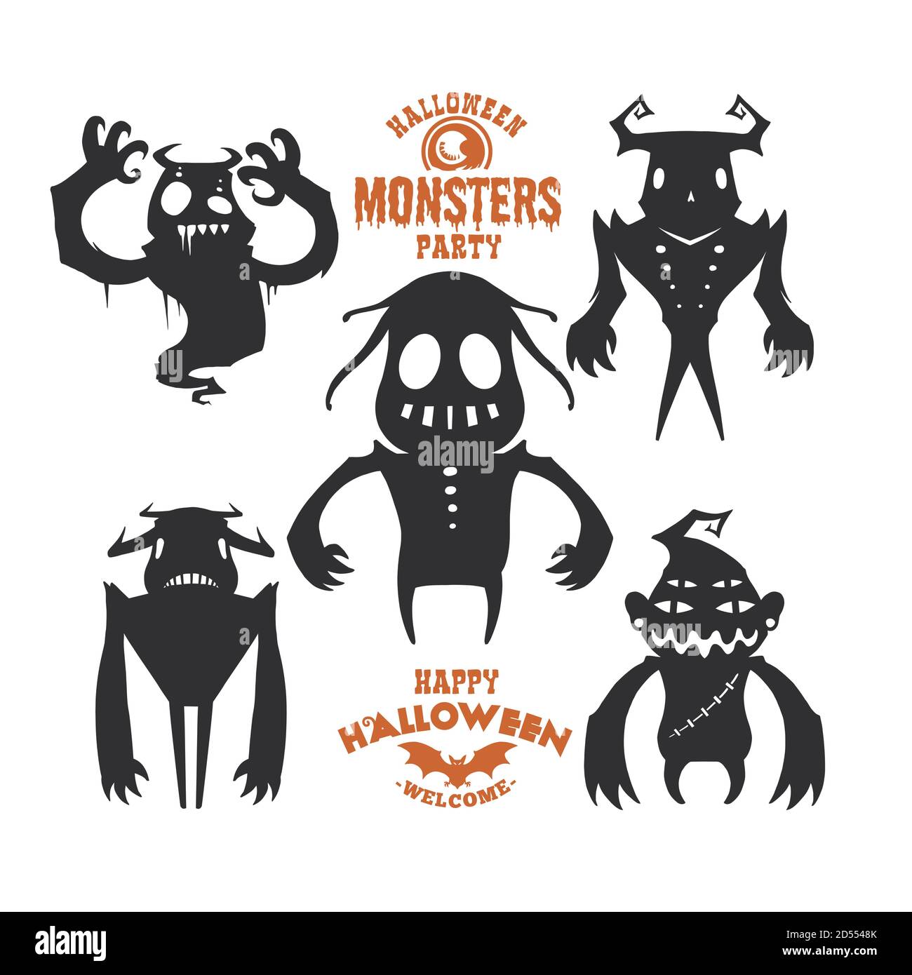 Set von mystischen Kreaturen für Halloween. Eine Kollektion von schwarzen Silhouetten auf hellem Hintergrund. Vektor-Illustration von Monstern. Stock Vektor