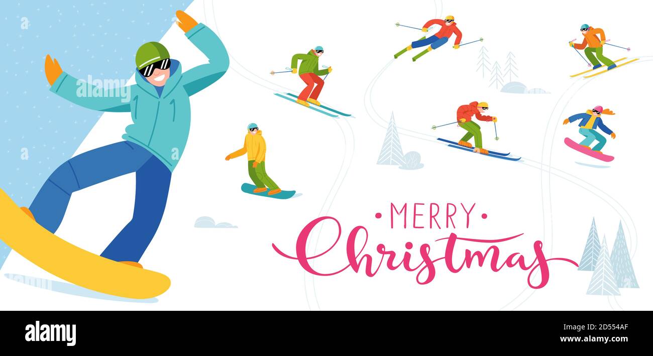 Ski-Resort Poster mit Menschen, die Wintersport. Stock Vektor