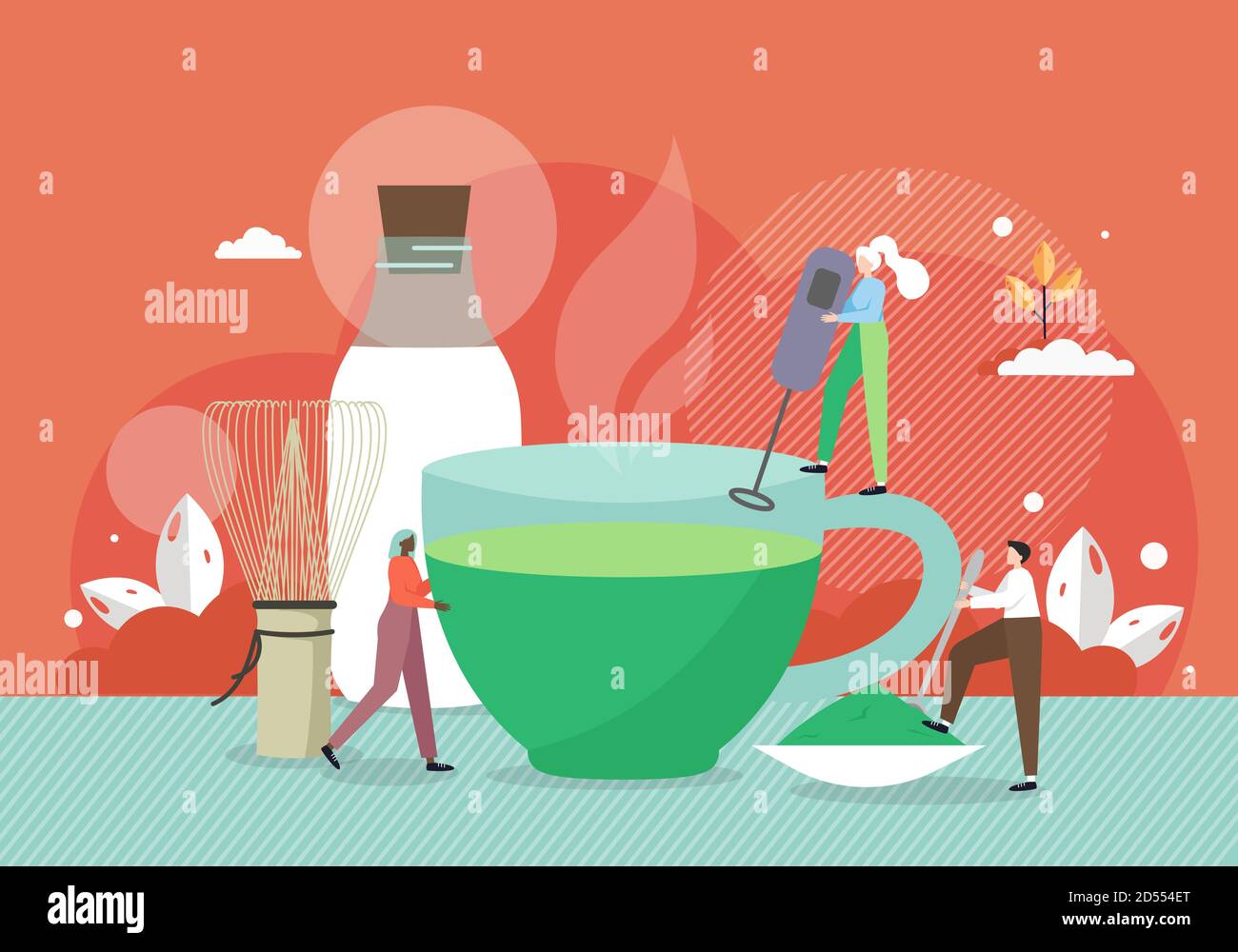 Barista winzige männliche und weibliche Charaktere machen riesige Tasse Matcha grünen Tee, flache Vektor-Illustration Stock Vektor