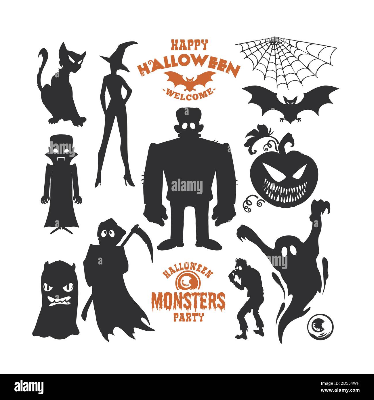 Set von mystischen Kreaturen für Halloween. Eine Kollektion von schwarzen Silhouetten auf hellem Hintergrund. Vektor-Illustration von Monstern. Stock Vektor