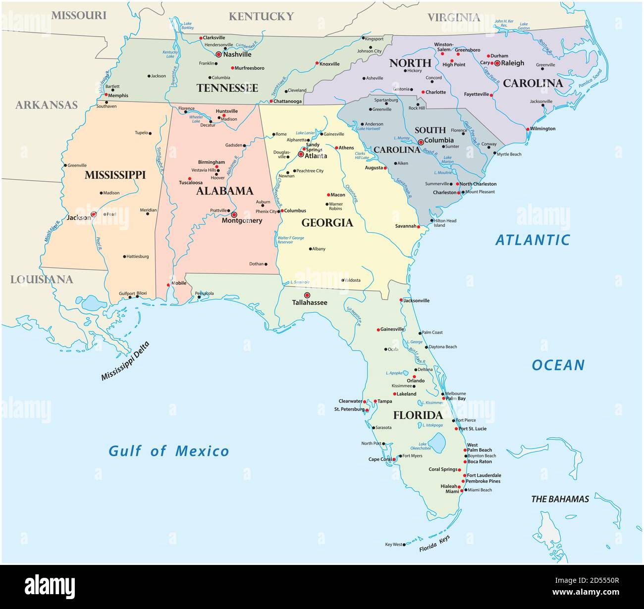 Administrative Vektorkarte der Bundesstaaten des Südostens Vereinigte Staaten Status Stock Vektor