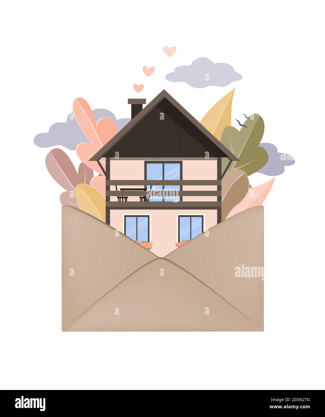 Herbstwald und Haus in Envelope. Hygge Herbst und gemütliches Zuhause Konzept. Vektorgrafik Stock Vektor