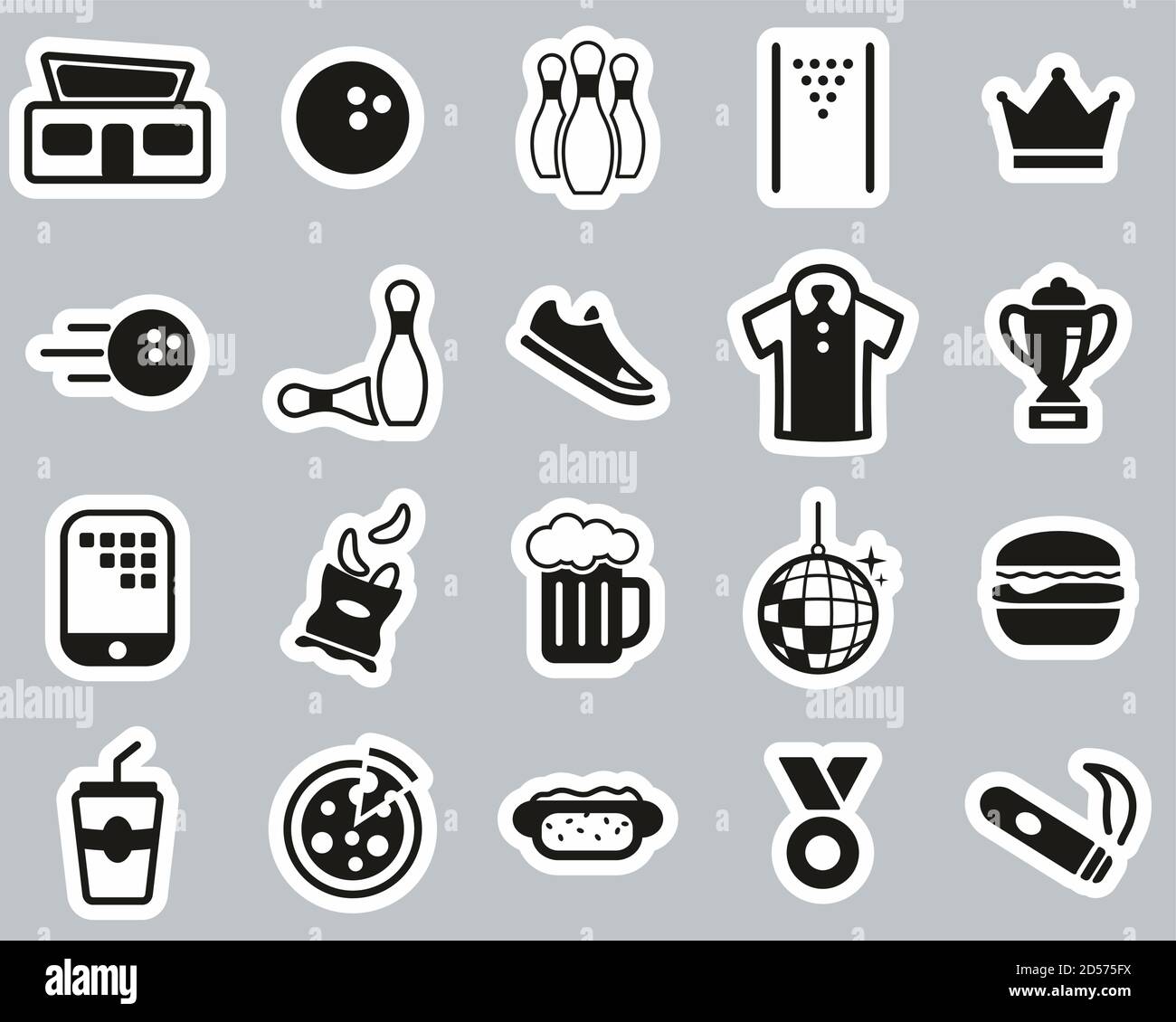 Bowling Oder Bowling Alley Icons Schwarz & Weiß Sticker Set Groß Stock Vektor