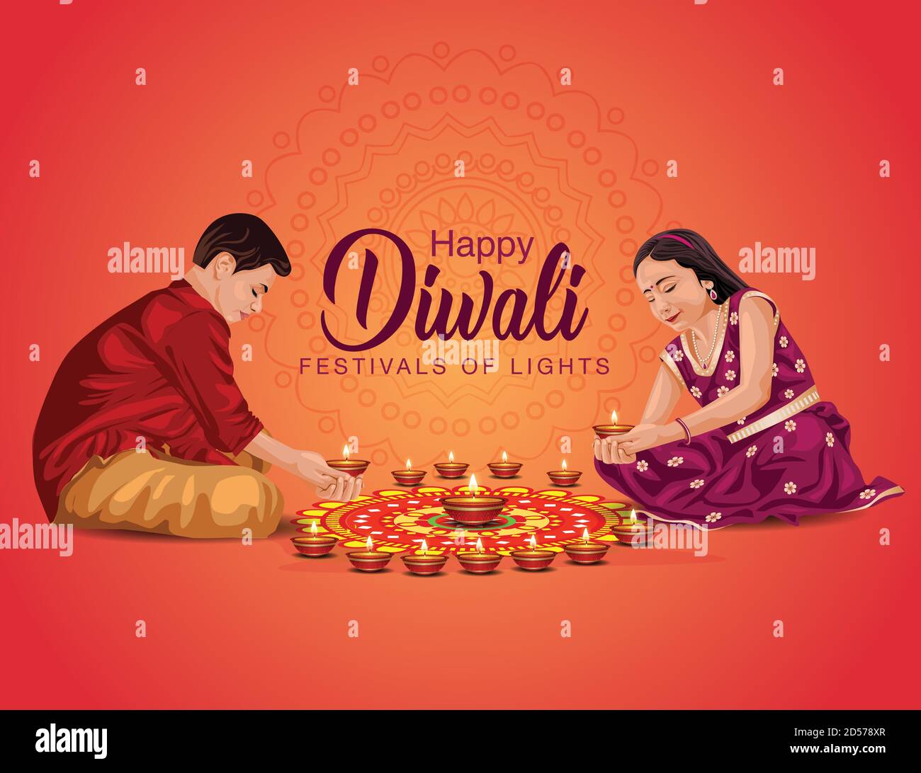 Glücklich Diwali Grüße Vektor Illustration. Illustration der Kinder machen Rangoli und Diya Dekoration. Stock Vektor