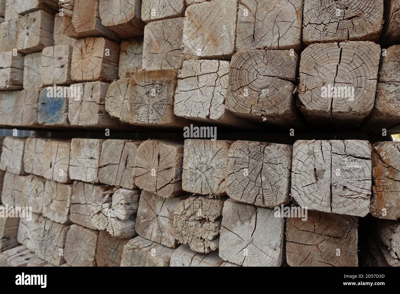 Stapel von quadratischen Holzmasten auf der Baustelle. Gestapeltes Holz. Stockfoto