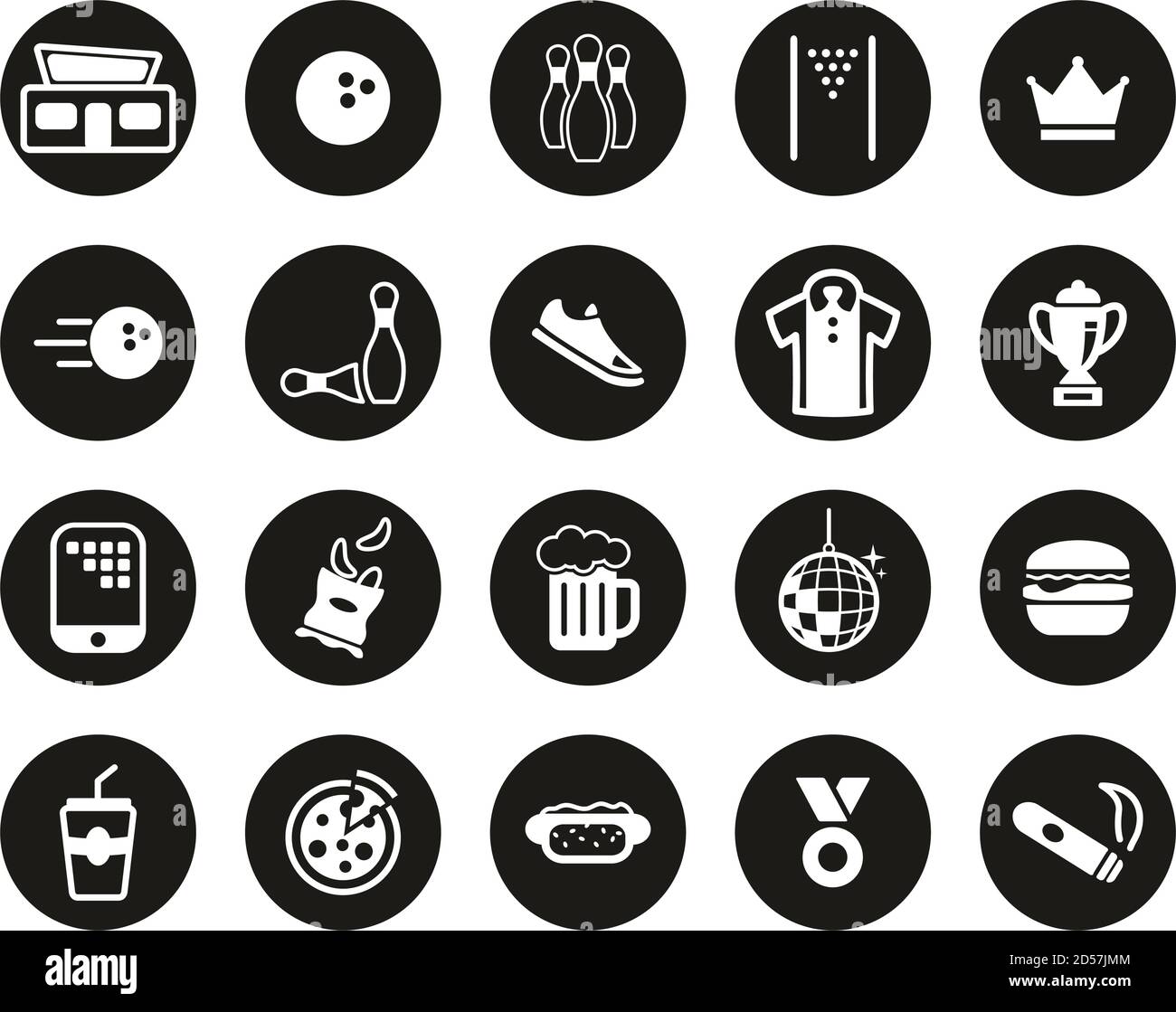 Bowling Oder Bowling Alley Icons Weiß Auf Schwarz Flat Design Kreis Groß Stock Vektor