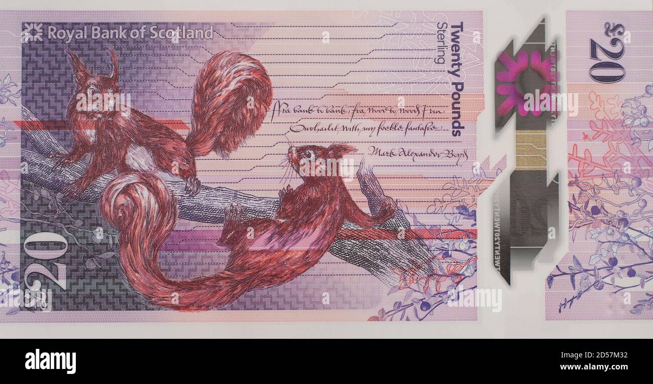 dh Scottish 20 Pfund BANKNOTENGELD SCHOTTLAND Neue Kunststoff-Polymer-Banknoten £20 Twenty Royal Bank of Scoland Cutout-Papiernote Pfund-Geldscheine Stockfoto