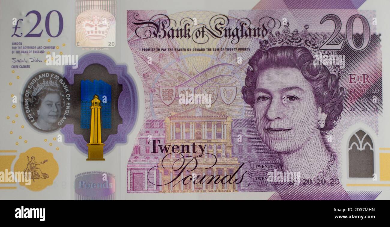 dh Englisch 20 Pfund Banknote GELD UK Britische Polymer-Noten £20 zwanzig Bank of England Ausschnitt Plastikpapier Vordernote Pfund Währung Schnitt 2020 Stockfoto