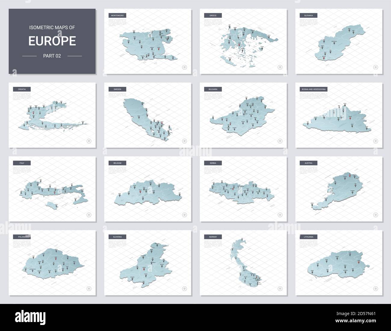 Vektor isometrische Karten Set - Europa Kontinent. Karten von europäischen Ländern mit Verwaltungsgliederung und Städten. Teil 2. Stock Vektor