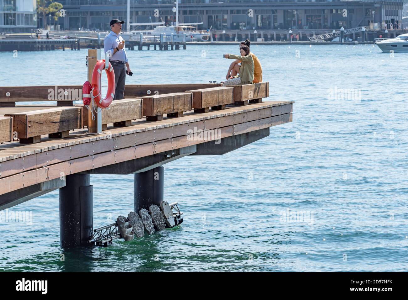 Die Menschen genießen einen Teil der neu gebauten Watermans Cove und Unter ihnen wurden Mini-Wohndämme von der installiert Sydney Institute of Marine Science Stockfoto