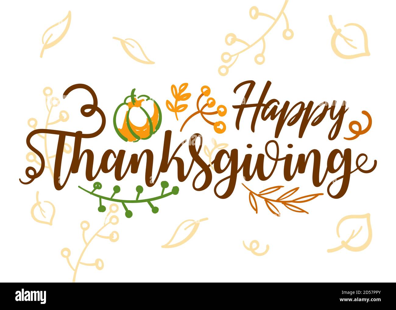 Handgezeichnetes Happy Thanksgiving Typografie Banner. Festtext mit Beeren und Blättern für Postkarte, Ikone oder Abzeichen. Vektor Kalligraphie Schriftzug Stock Vektor