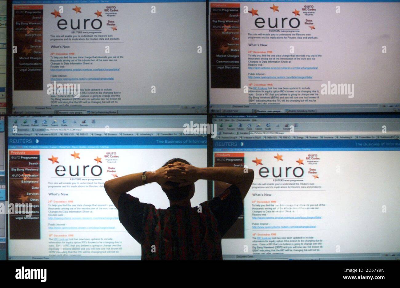 Controller in der Reuters Global Network Control Center sieht riesige Bildschirme mit Informationen über den Euro 3 Januar.  Umgang Zimmer Throughtout der Welt bereiten sich auf die Einführung des Euro Morgen.    ??» Stockfoto