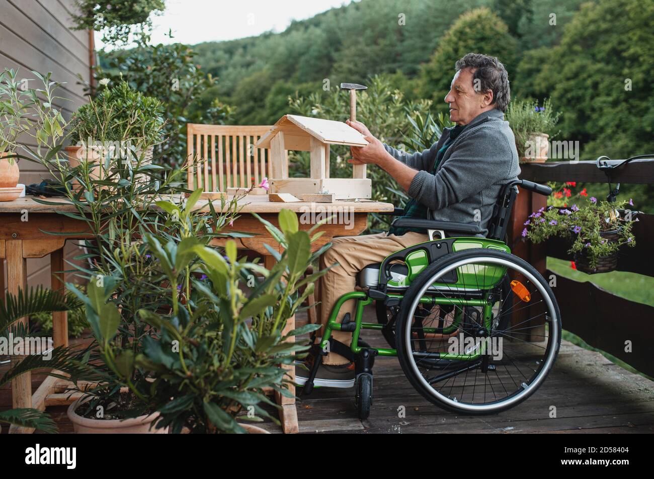 Senior Mann im Rollstuhl Bau Vogelhaus im Freien auf der Terrasse, diy-Projekt. Stockfoto