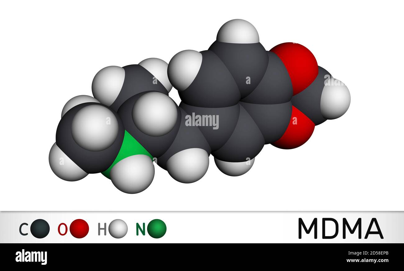 3,4-Methylendioxymethamphetamin, MDMA, XTC, Ecstasy-Molekül. Es ist psychoaktive, halluzinogene Droge. Molekularmodell. 3D-Rendering Stockfoto
