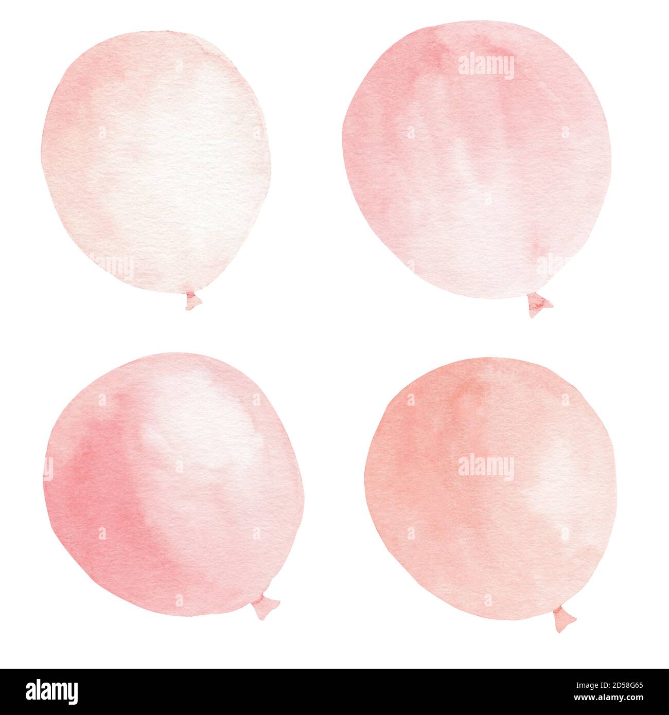Rosa Luftballons Aquarell Cliparts Set. Handgezeichnete Abbildung. Design für Party-Dekorationen, Baby-Dusche-Einladung, Kinderzimmer Tapete. Stockfoto