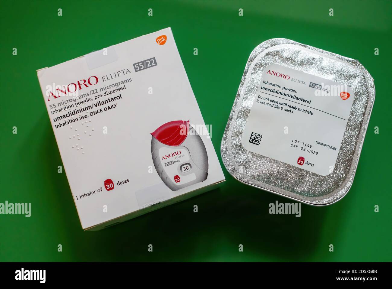 Umeclidinium Vilanterol Inhalator in versiegelter Verpackung Stockfoto