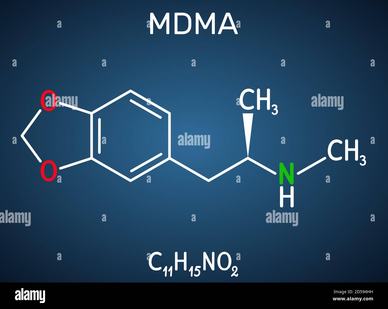 3,4-Methylendioxymethamphetamin, MDMA, XTC, Ecstasy-Molekül. Es ist psychoaktive, halluzinogene Droge. Strukturelle chemische Formel auf der dunkelblauen BA Stock Vektor