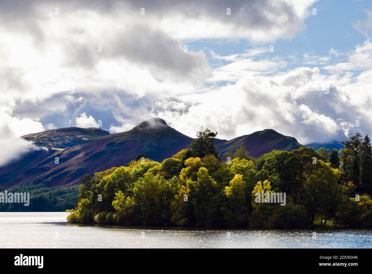 Blick über Derwentwater zu Cat Bells hinter Herbstbäumen auf Derwent Isle im Lake District National Park. Keswick, Cumbria, England, Großbritannien Stockfoto