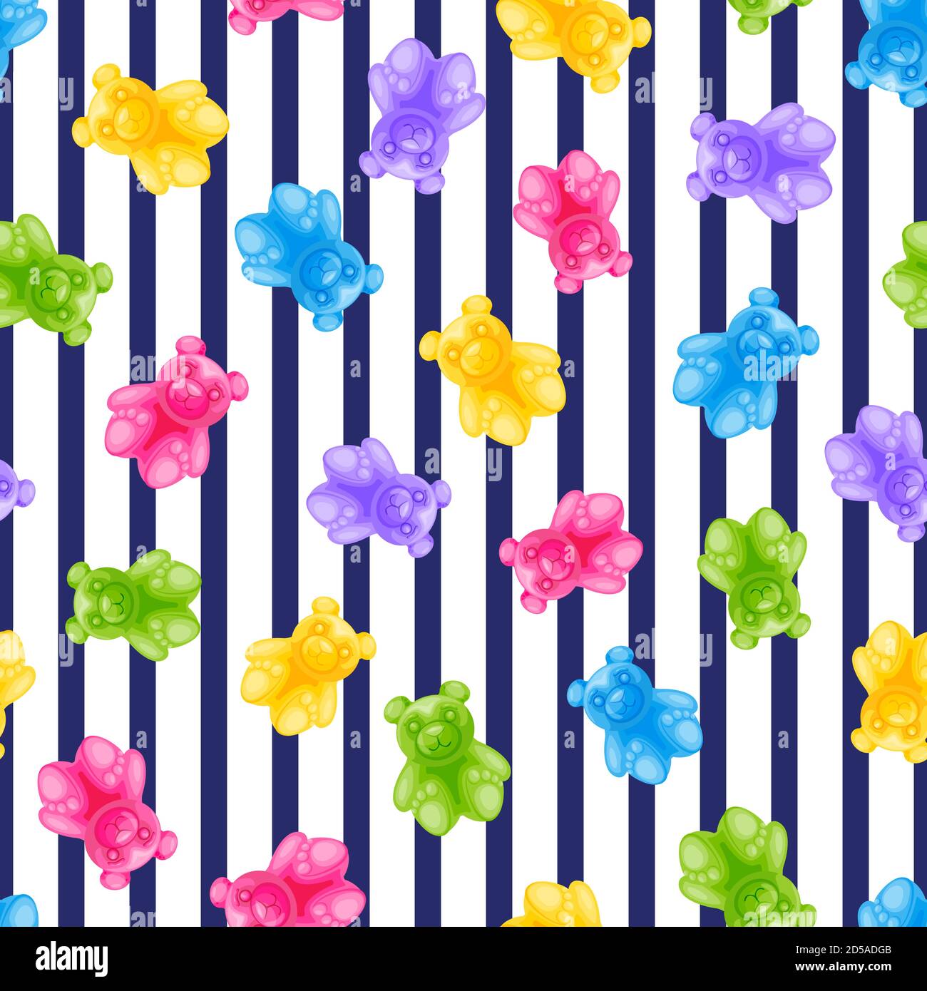 Jelly Bär Süßigkeiten und navy Streifen Vektor nahtlose Muster. Süße bunte Kinder Hintergrund. Vektorgrafik Cartoon-Illustration. Mehrfarbiges Stoffdesign, birt Stock Vektor