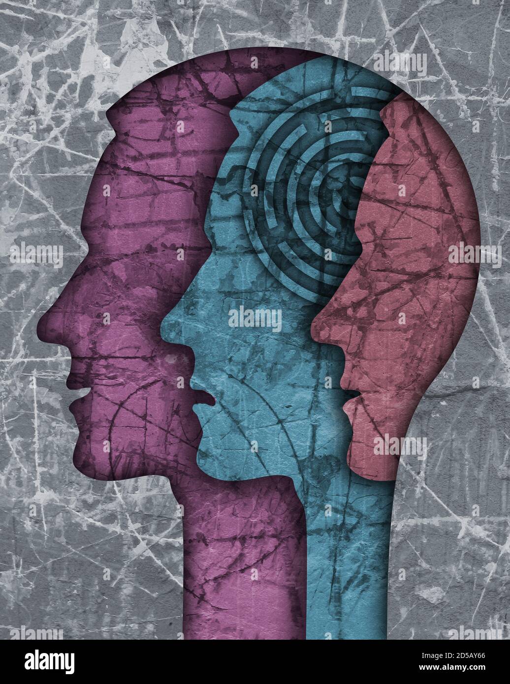 Schizophrenie männlichen Kopf Silhouette. Illustration mit drei stilisierten männlichen Köpfen auf Grunge-Textur symbolisiert Schizophrenie, Depression. Stockfoto