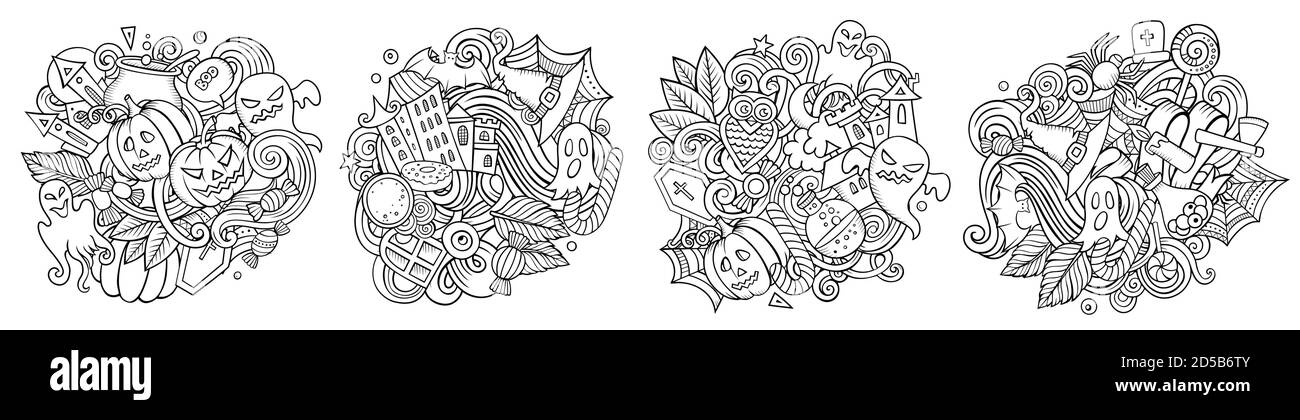 Halloween Cartoon Vektor Doodle Designs Set. Stock Vektor