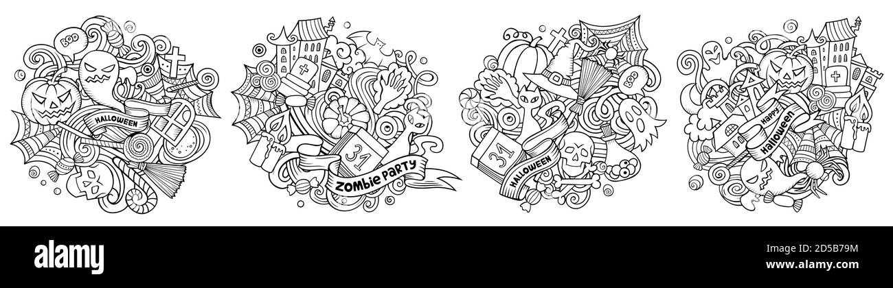 Halloween Cartoon Vektor Doodle Designs Set. Stock Vektor