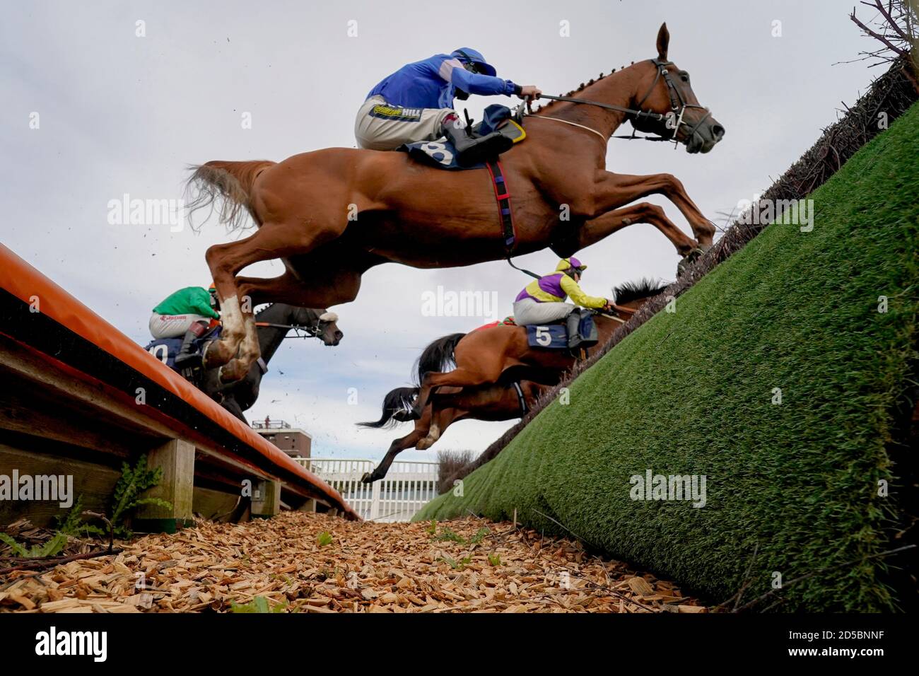 Sam Twiston-Davies Riding Guy (blau) räumen den offenen Graben auf ihrem Weg zum Sieg der MansionBet stolz auf die Unterstützung British Racing Anfänger Handicap Chase (GBB Race) (Div 1) auf Huntingdon Racecourse. Stockfoto