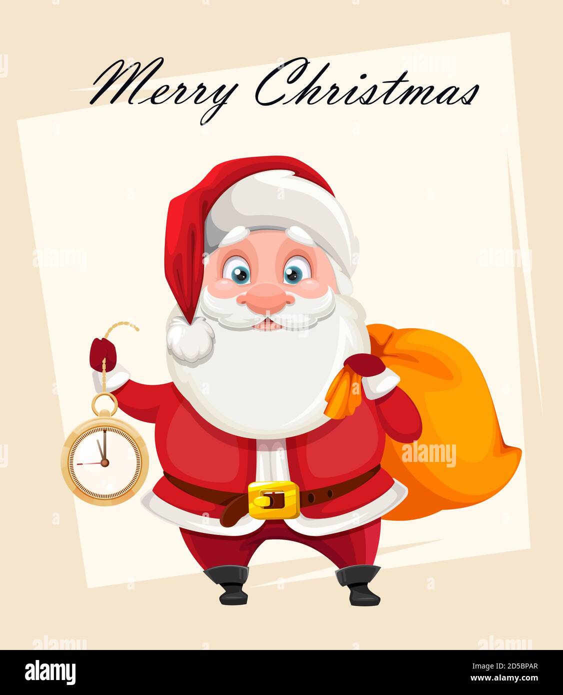 Frohe Weihnachten und ein glückliches neues Jahr Grußkarte. Fröhlicher Weihnachtsmann mit Uhr und Sack mit Geschenken. Vektorgrafik Stock Vektor