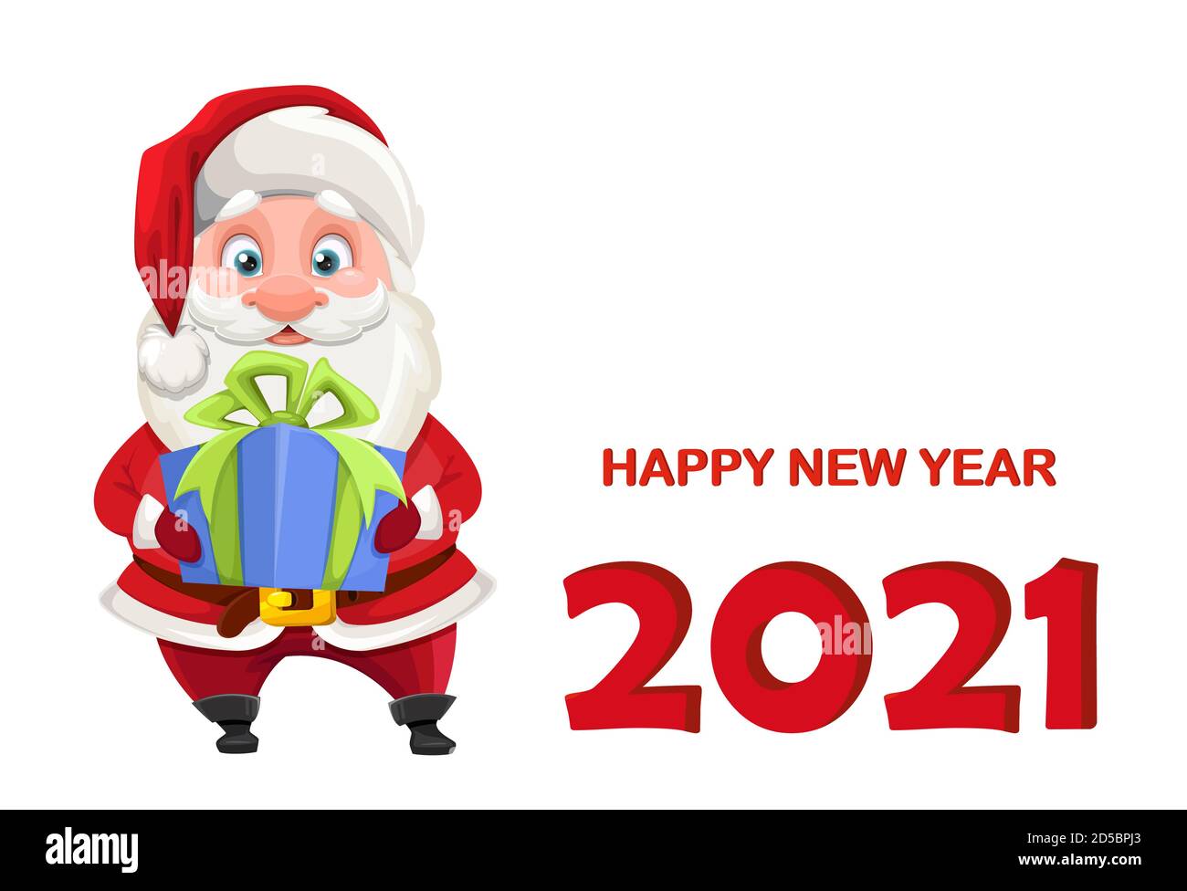 Weihnachtsmann hält Geschenkbox. Fröhliche Santa Cartoon-Figur. Glückwunschkarte für das neue Jahr. Vektorgrafik Stock Vektor