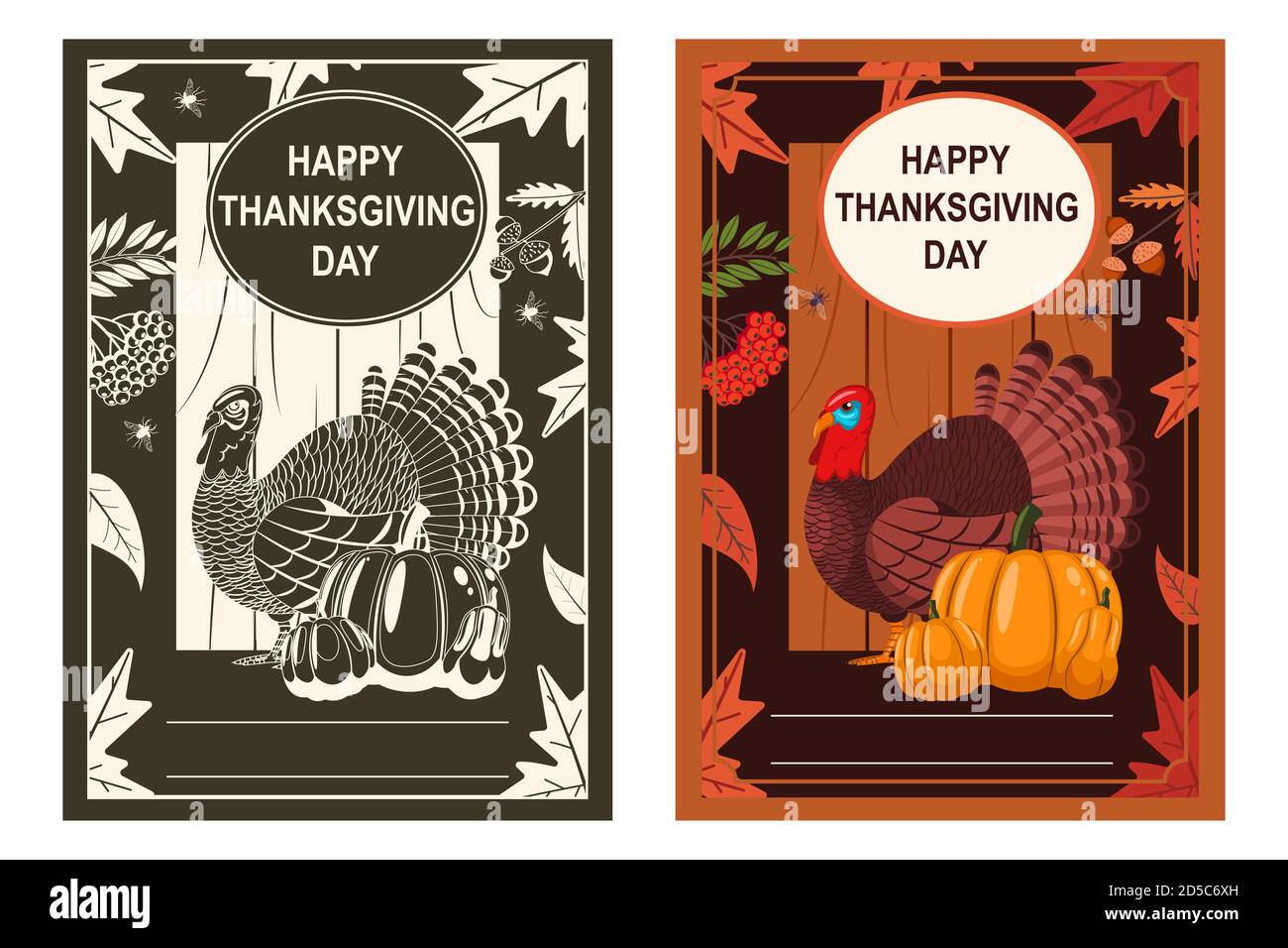 Happy Thanksgiving Day Poster mit putenvogel, Kürbis und Herbstblättern. Vektorgrafik Zeichentrickserie. Stock Vektor