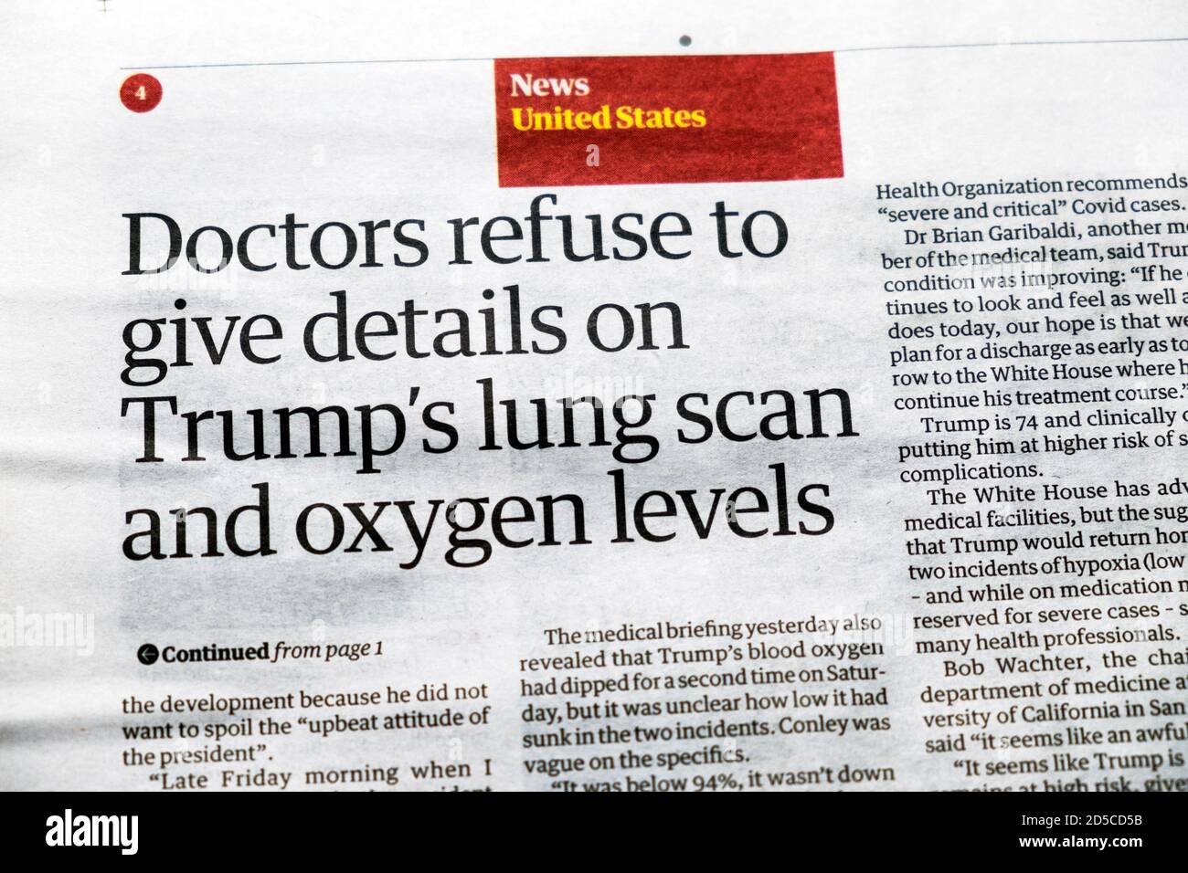 "Die Ärzte weigern sich, Details über Trumps Lungenscan und zu geben Trump covid 19 Guardian headline October 2020 London, Großbritannien Stockfoto