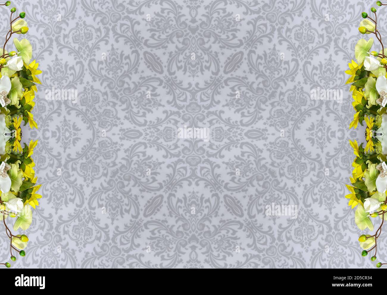 Blumen, visuelle Wirkung eines Spiegels, Raum für Texteingabe, abstrakte Tapete, voller Farben, seltsame Ornamente und Formen, Hintergrund mit schönen Geo Stockfoto