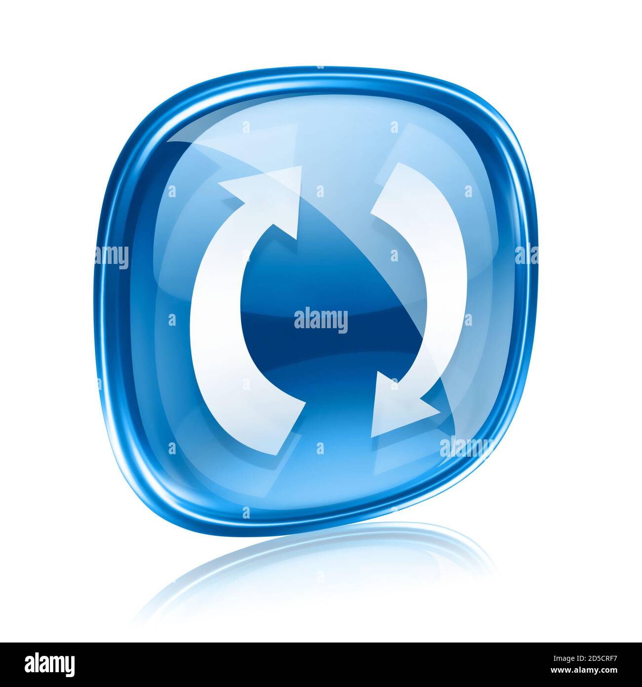 Symbol aktualisieren blaues Glas, isoliert auf weißem Hintergrund. Stockfoto