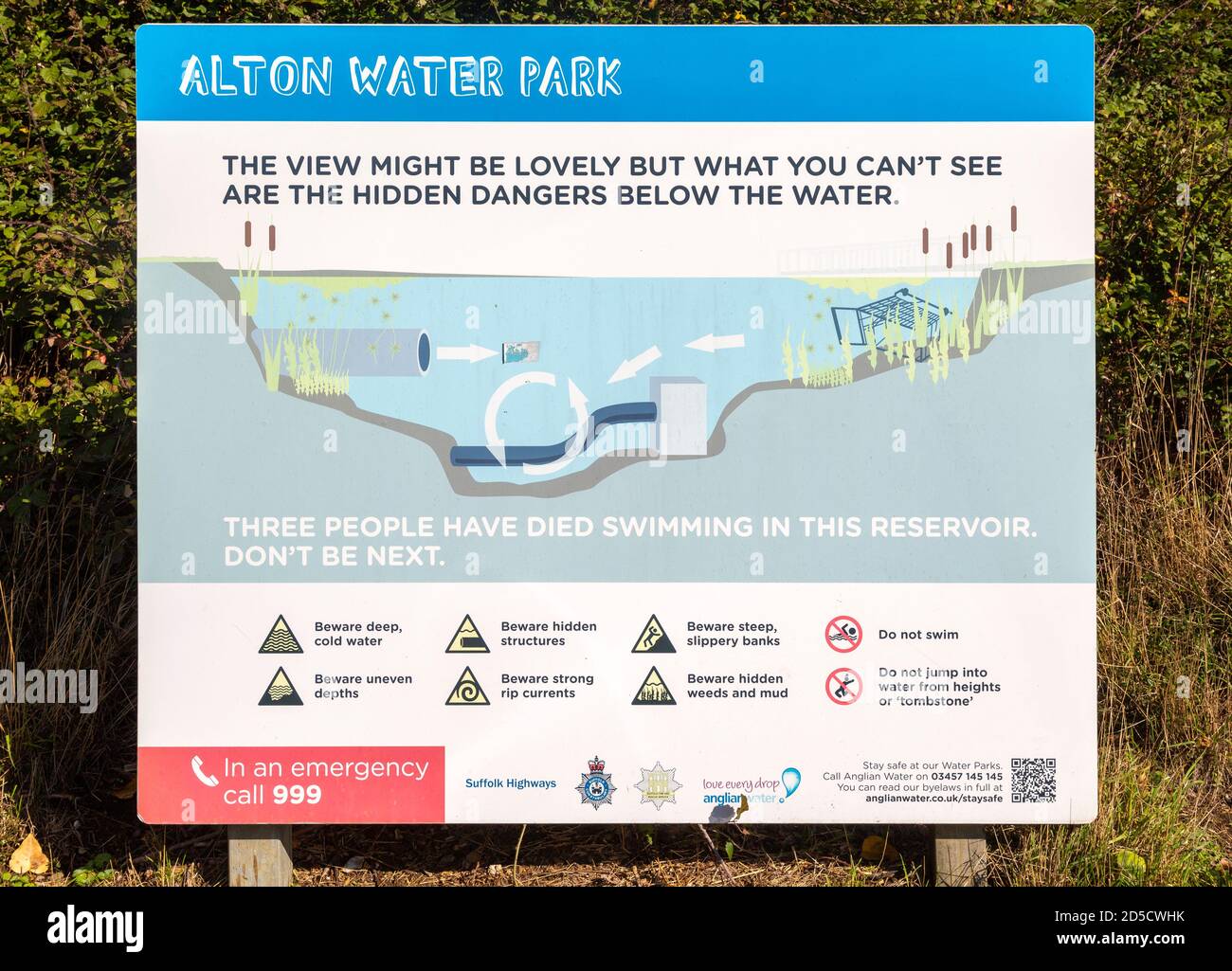 Alton Water Reservoir Lake, Suffolk, England, UK Hinweis Warnung vor versteckten Gefahren unter Wasser Stockfoto