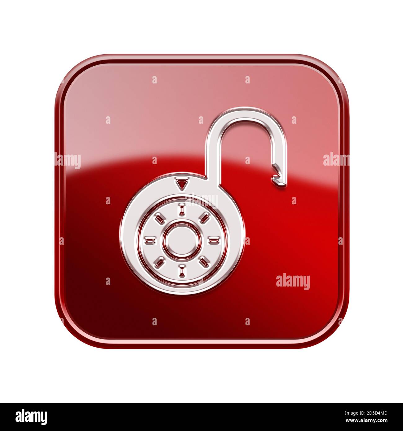 Symbol „Lock on“, glänzend rot, isoliert auf weißem Hintergrund. Stockfoto