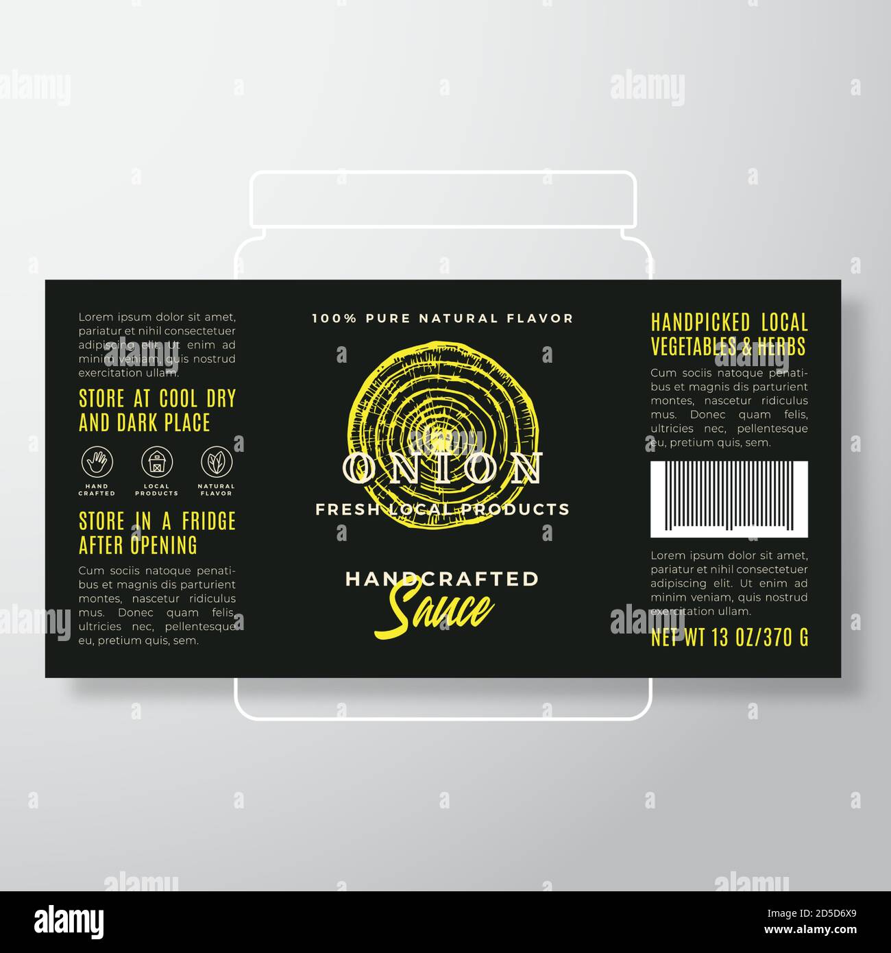 Handgefertigte Gemüse und Kräuter Sauce Label Template. Abstraktes Vektor-Verpackungsdesign-Layout. Modernes Typografie-Banner mit handgezeichneter Zwiebel Stock Vektor