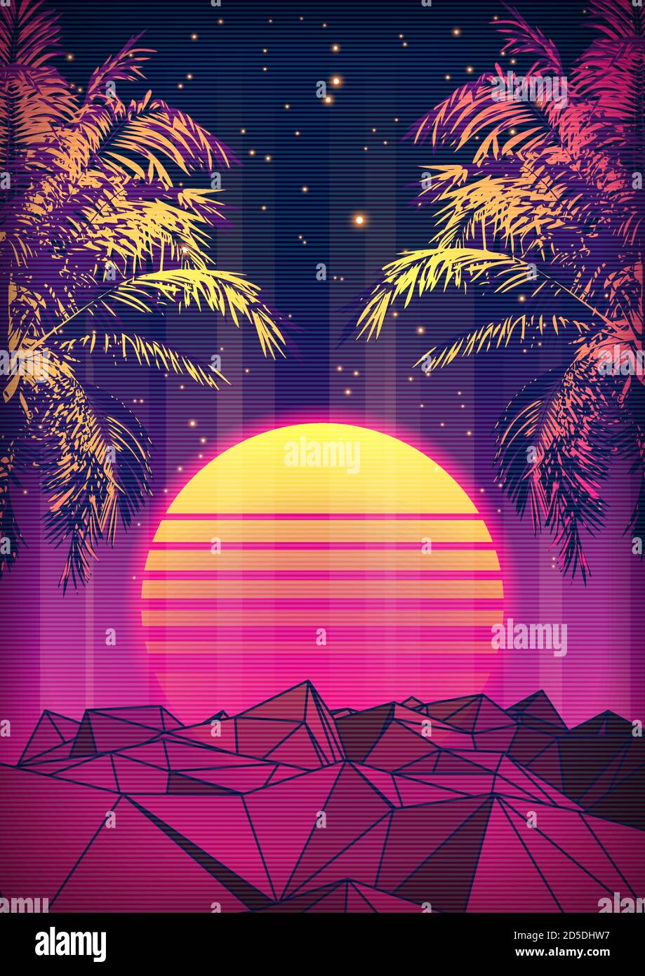 Retro 80s Style tropischer Sonnenuntergang mit Palm Tree Silhouette und Gradient Sky Hintergrund. Klassisches 80er Jahre Retro Design. Digitale Retro-Landschaft Cyber-Oberfläche. 80er Jahre Party Hintergrund. Trendige Vektorgrafik Stock Vektor
