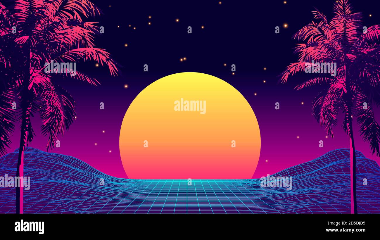 Retro 80s Style tropischer Sonnenuntergang mit Palm Tree Silhouette und Gradient Sky Hintergrund. Klassisches 80er Jahre Retro Design. Digitale Retro-Landschaft Cyber-Oberfläche. 80er Jahre Party Hintergrund. Trendige Vektorgrafik Stock Vektor