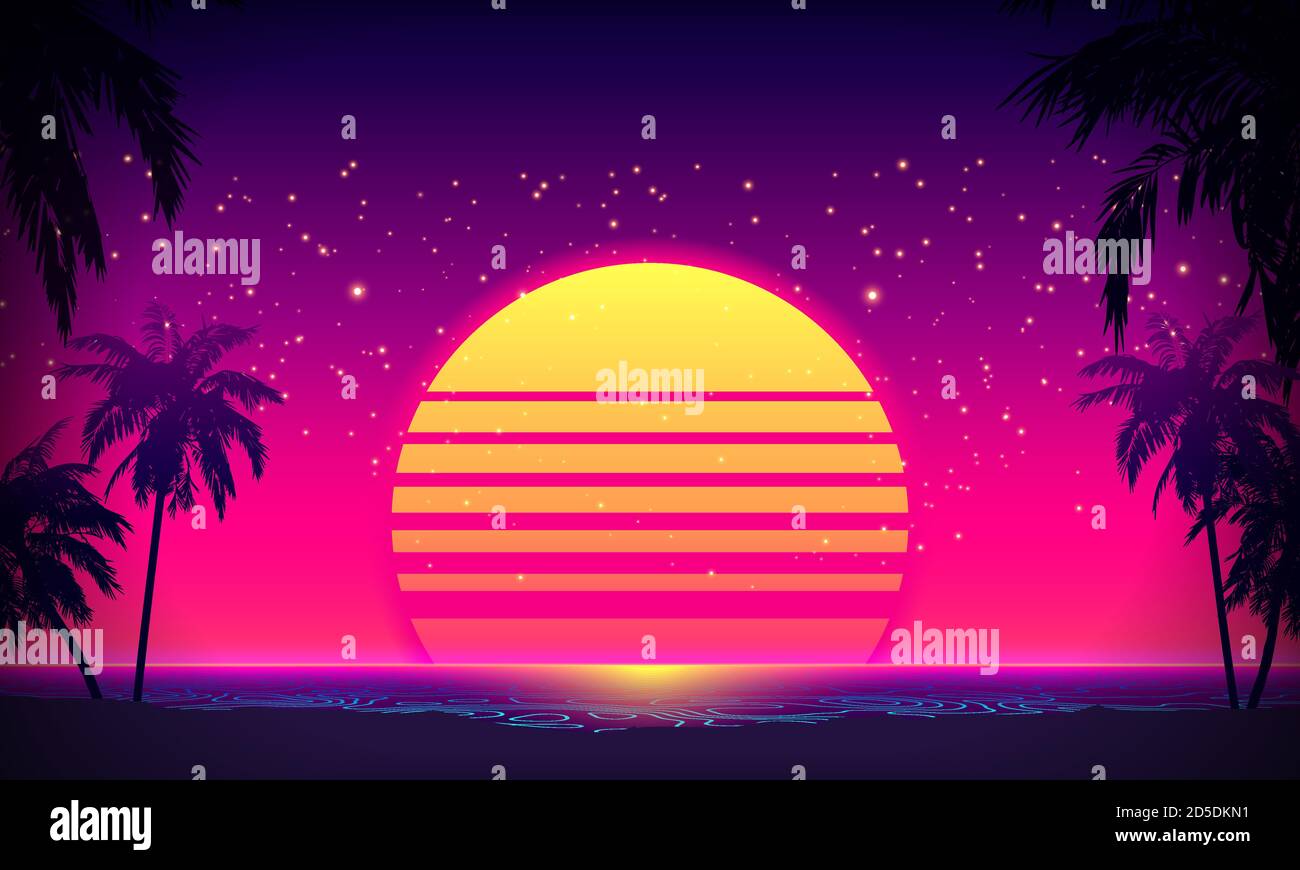 Retro 80s Style tropischer Sonnenuntergang mit Palm Tree Silhouette und Gradient Sky Hintergrund. Klassisches 80er Jahre Retro Design. Digitale Retro-Landschaft Cyber-Oberfläche. 80er Jahre Party Hintergrund. Trendige Vektorgrafik Stock Vektor