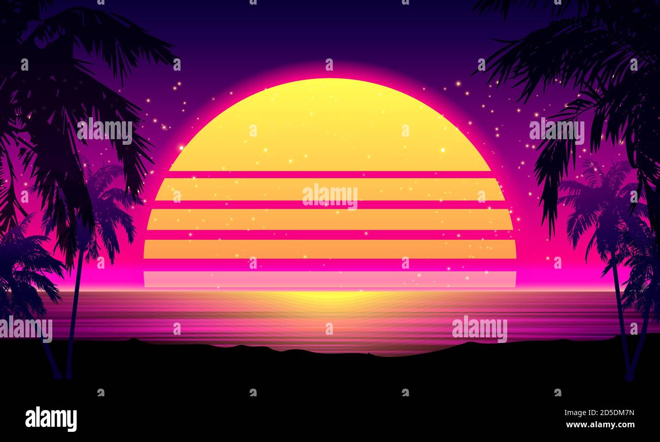 Retro 80s Style tropischer Sonnenuntergang mit Palm Tree Silhouette und Gradient Sky Hintergrund. Klassisches 80er Jahre Retro Design. Digitale Retro-Landschaft Cyber-Oberfläche. 80er Jahre Party Hintergrund. Trendige Vektorgrafik Stock Vektor