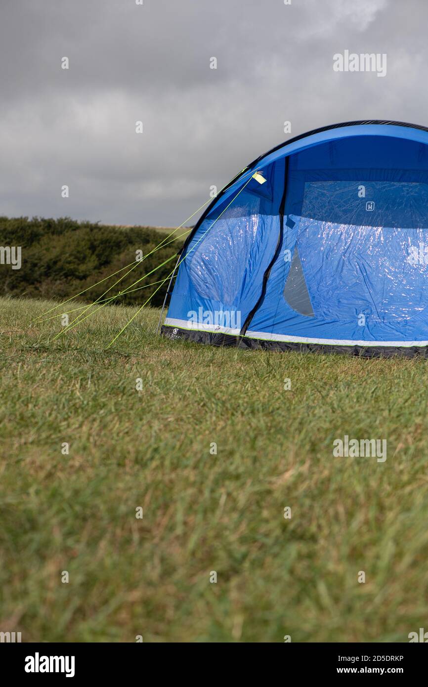 Ein einziges modernes blaues Zelt mit verschiedenen Kulturen und Winkeln In einem Feld mit Kopieplatz, um im Camping zu verwenden Geschichten Stockfoto