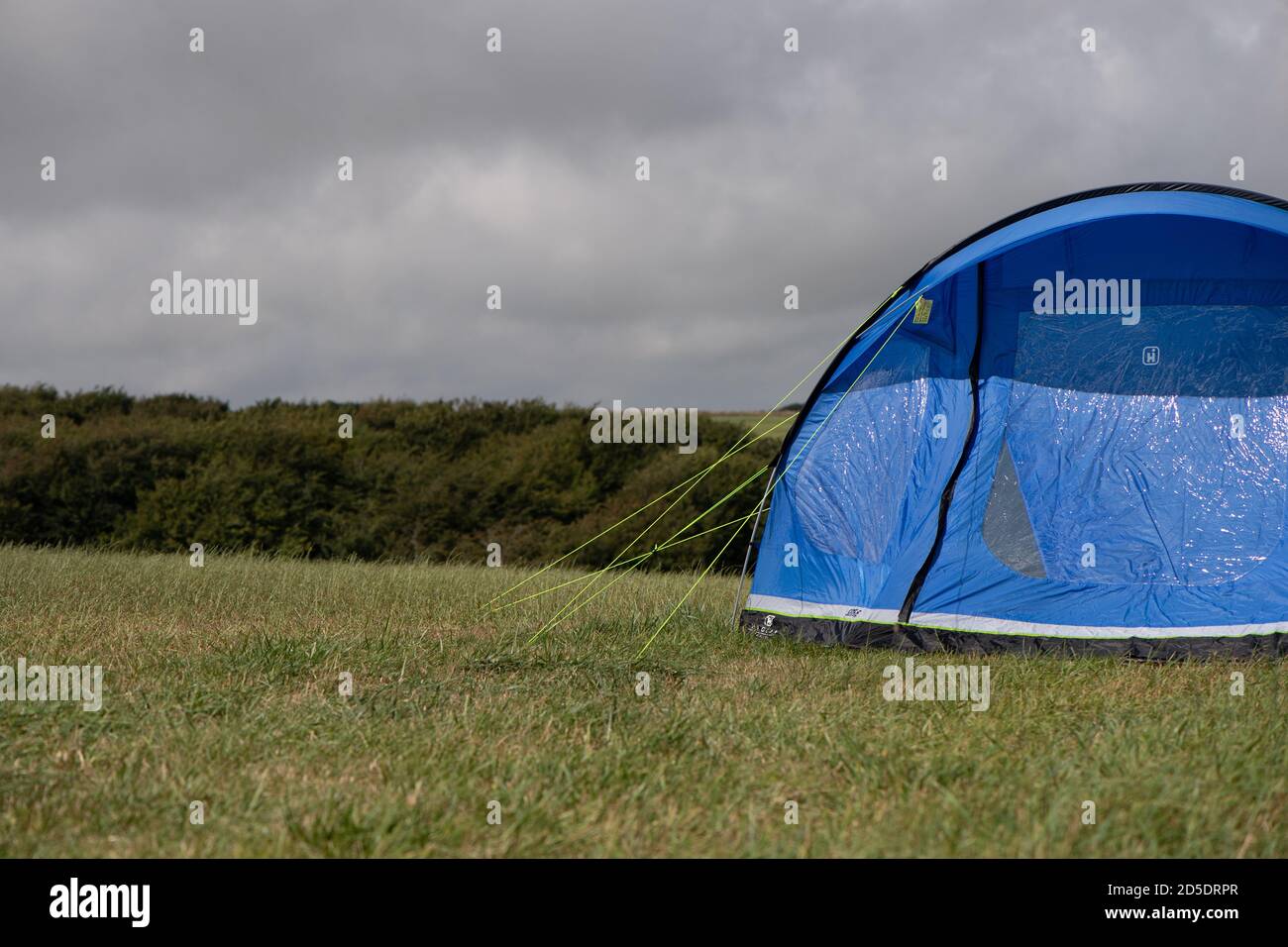 Ein einziges modernes blaues Zelt mit verschiedenen Kulturen und Winkeln In einem Feld mit Kopieplatz, um im Camping zu verwenden Geschichten Stockfoto