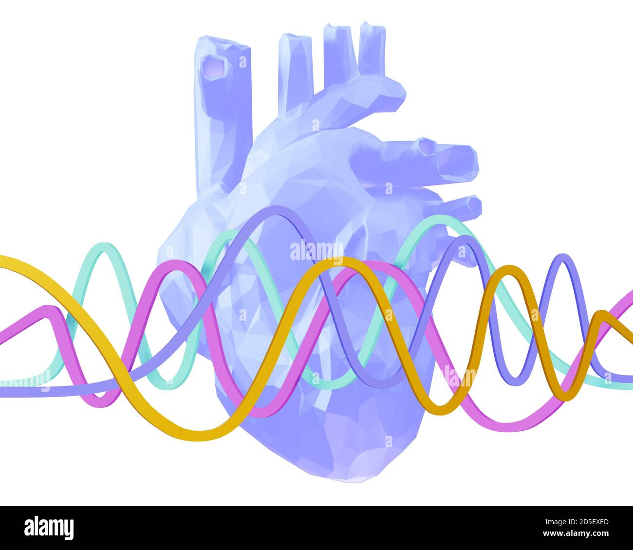 Low-Poly anatomische Papier blau Herz mit Farbe gekrümmten Linien, 3d-Illustration Stockfoto