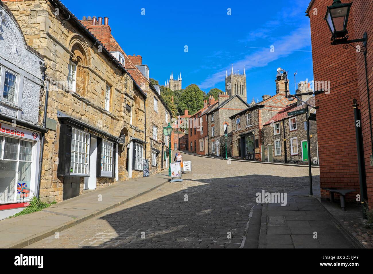 Steep Hill, Blick zurück in Richtung Lincoln Cathedral, City of Lincoln, Lincolnshire, England, Großbritannien Stockfoto