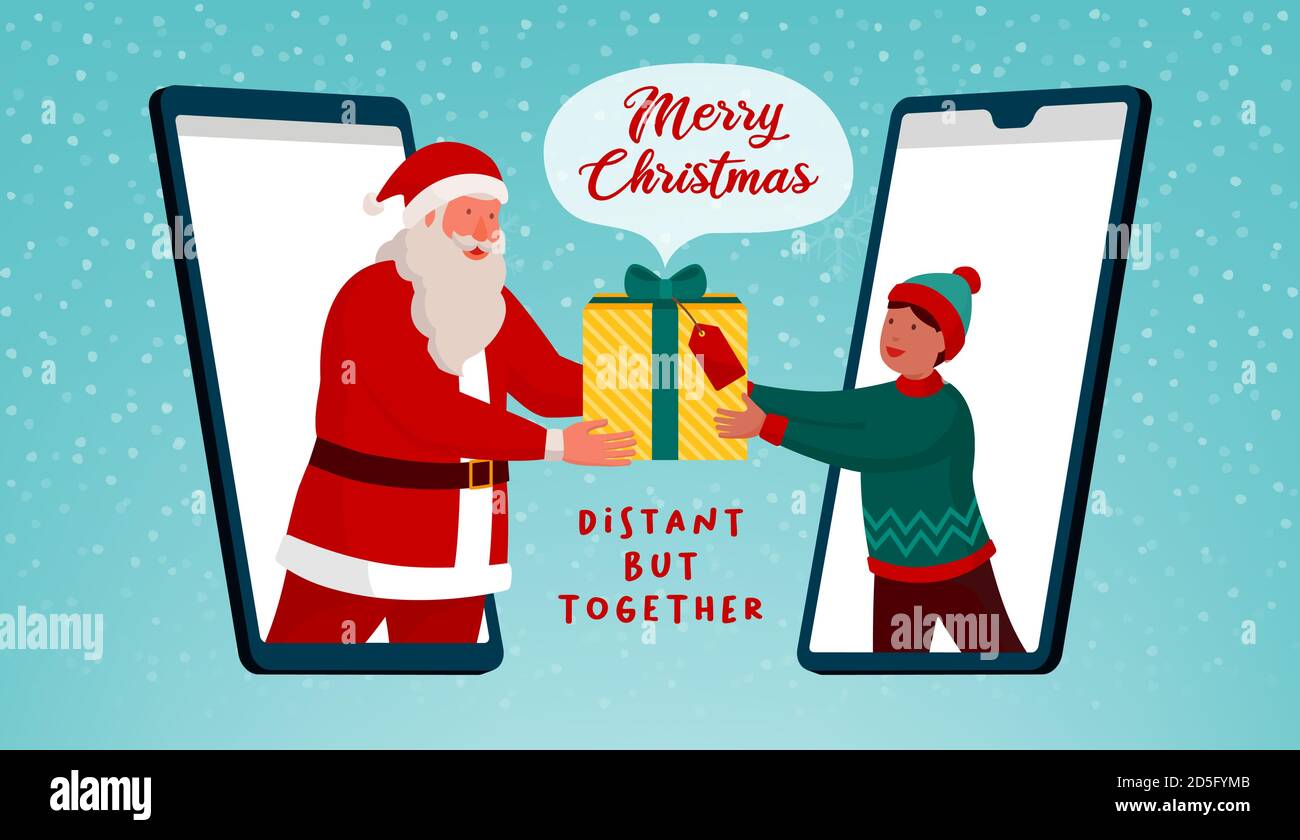 Happy Santa Claus ein virtuelles Geschenk an einen Jungen auf einem Videoanruf auf Smartphone, entfernt, aber zusammen Weihnachtskarte Stock Vektor