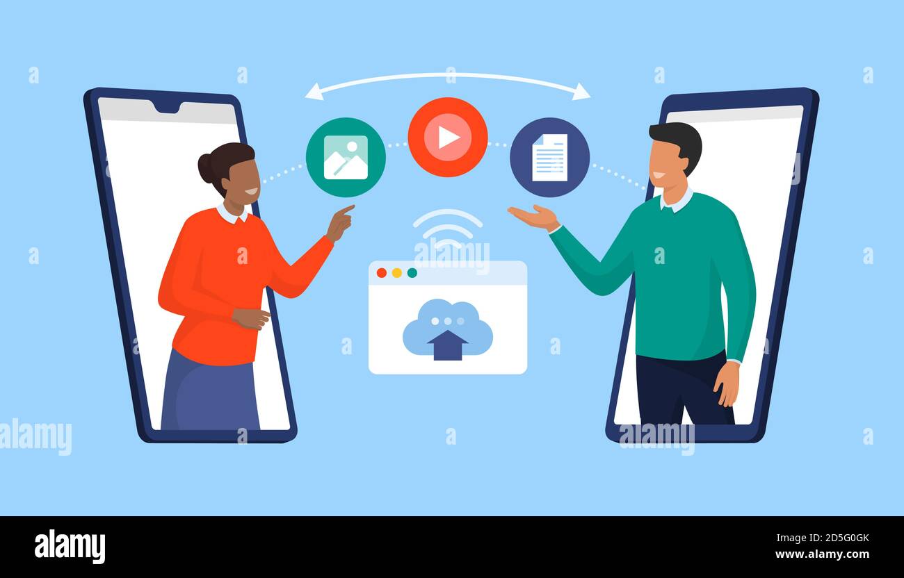 Benutzer und Kollegen, die mit einem Video speichern und Dateien online teilen Smartphone-App Stock Vektor