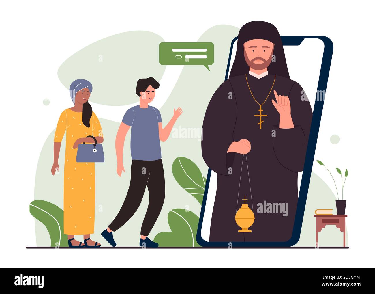 Beten Sie online, Kirche Religion Service Vektor Illustration. Cartoon flache Gebet Menschen Treffen mit Pastor online zum Beten, mit digitalen religiösen Gottesdienst Telekonferenz-Technologie isoliert auf weiß Stock Vektor