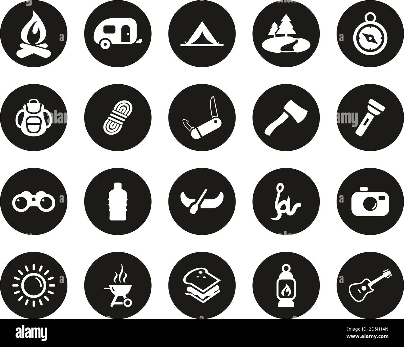 Camping Oder Outdoor Adventure Icons Weiß Auf Schwarz Flat Design Kreis Groß Stock Vektor