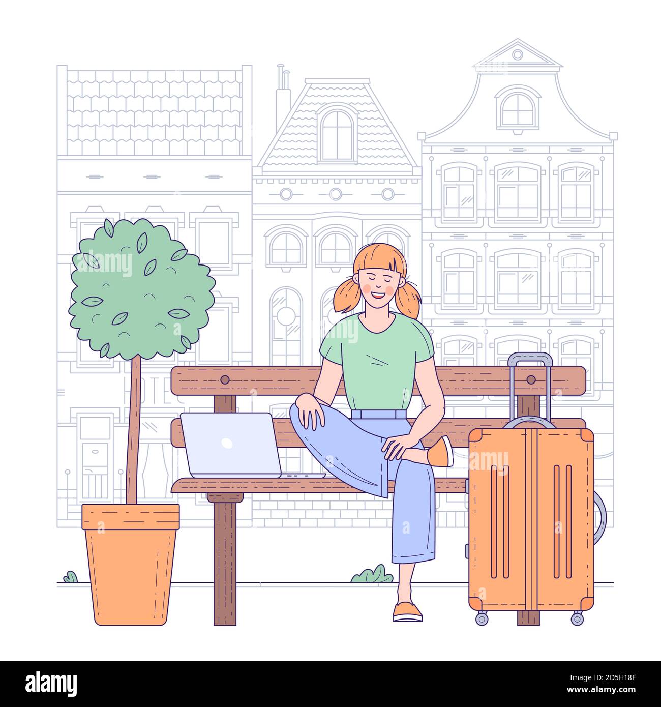 Junge Frau, die auf dem Flughafen sitzt Stock Vektor