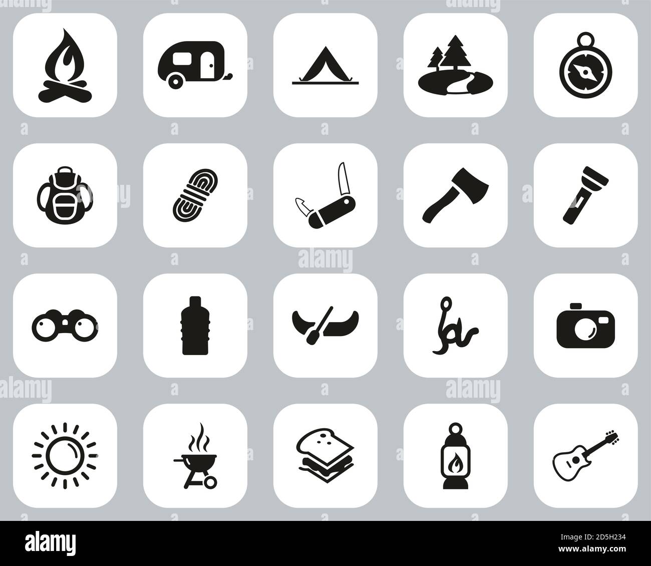 Camping Oder Outdoor Adventure Icons Black & White Flat Design Groß Einstellen Stock Vektor